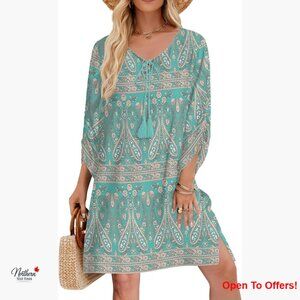 Rayon Boho Floral Print Dress with 3/4 Sleeves and Tie Neck